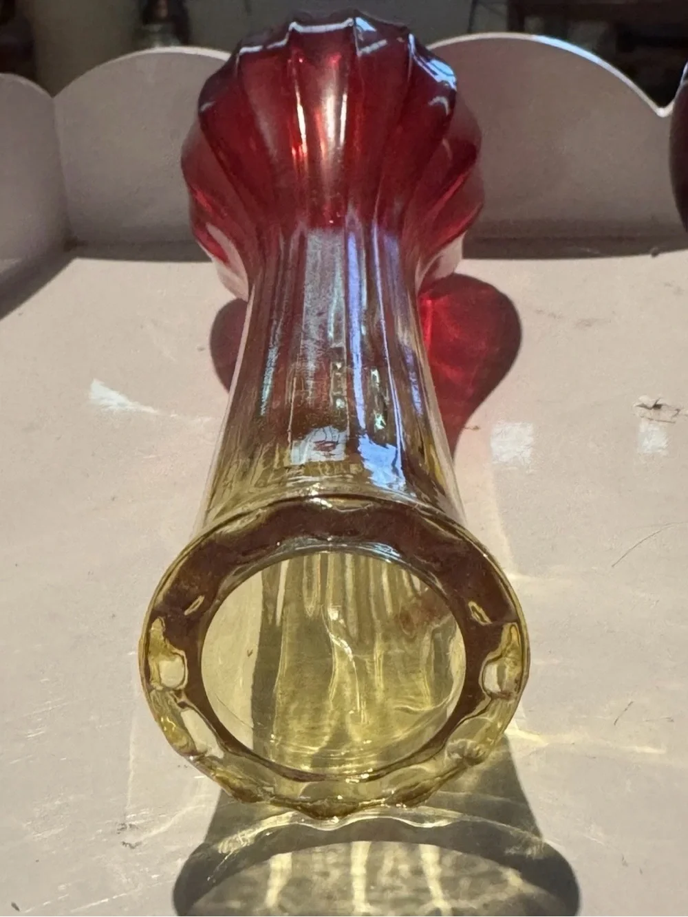 Vtg Ruby Red Anchor Hocking Ribbed Glass Vase 6.5” & Jeanette Fading Yellow/red